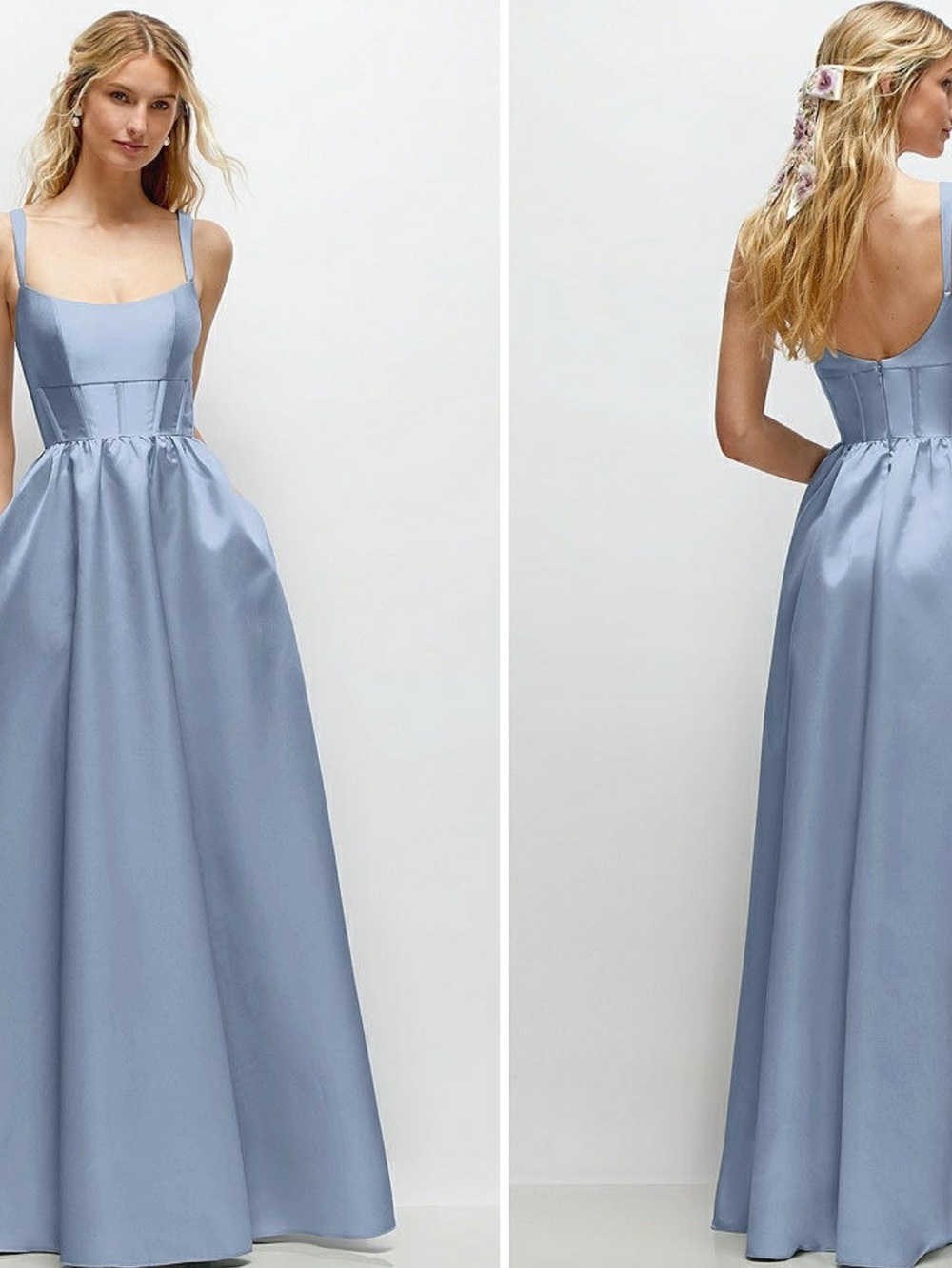 Blue Satin Square-Neck A-Line Dress